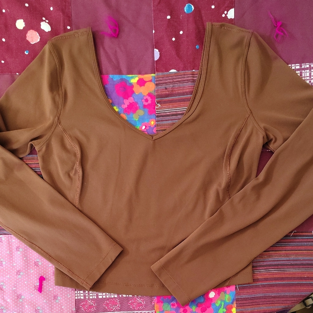 lululemon athletica Brown V‑Neck Long Sleeve Crop Top